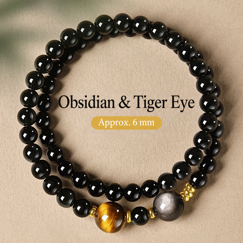 Golden tiger eye and obsidian double-wrap bracelet, approximately 6 mm main beads