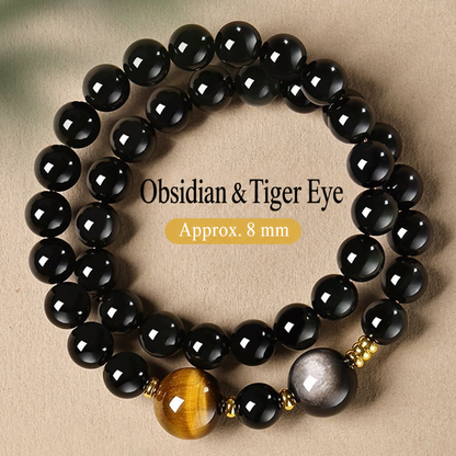 Golden tiger eye and obsidian double-wrap bracelet, approximately 8 mm main beads