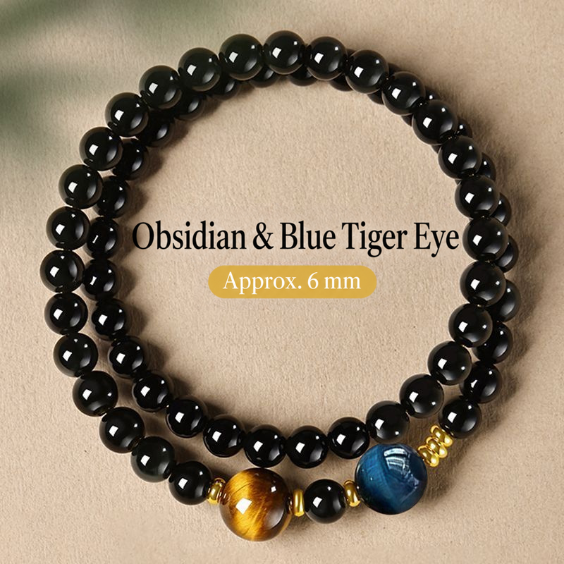 Blue tiger eye and obsidian double-wrap bracelet, approximately 6 mm main beads