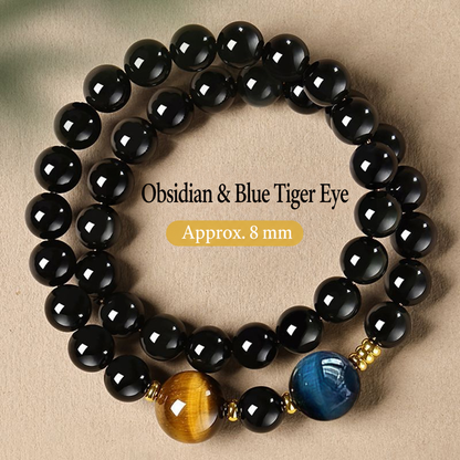 Blue tiger eye and obsidian double-wrap bracelet, approximately 8 mm main beads
