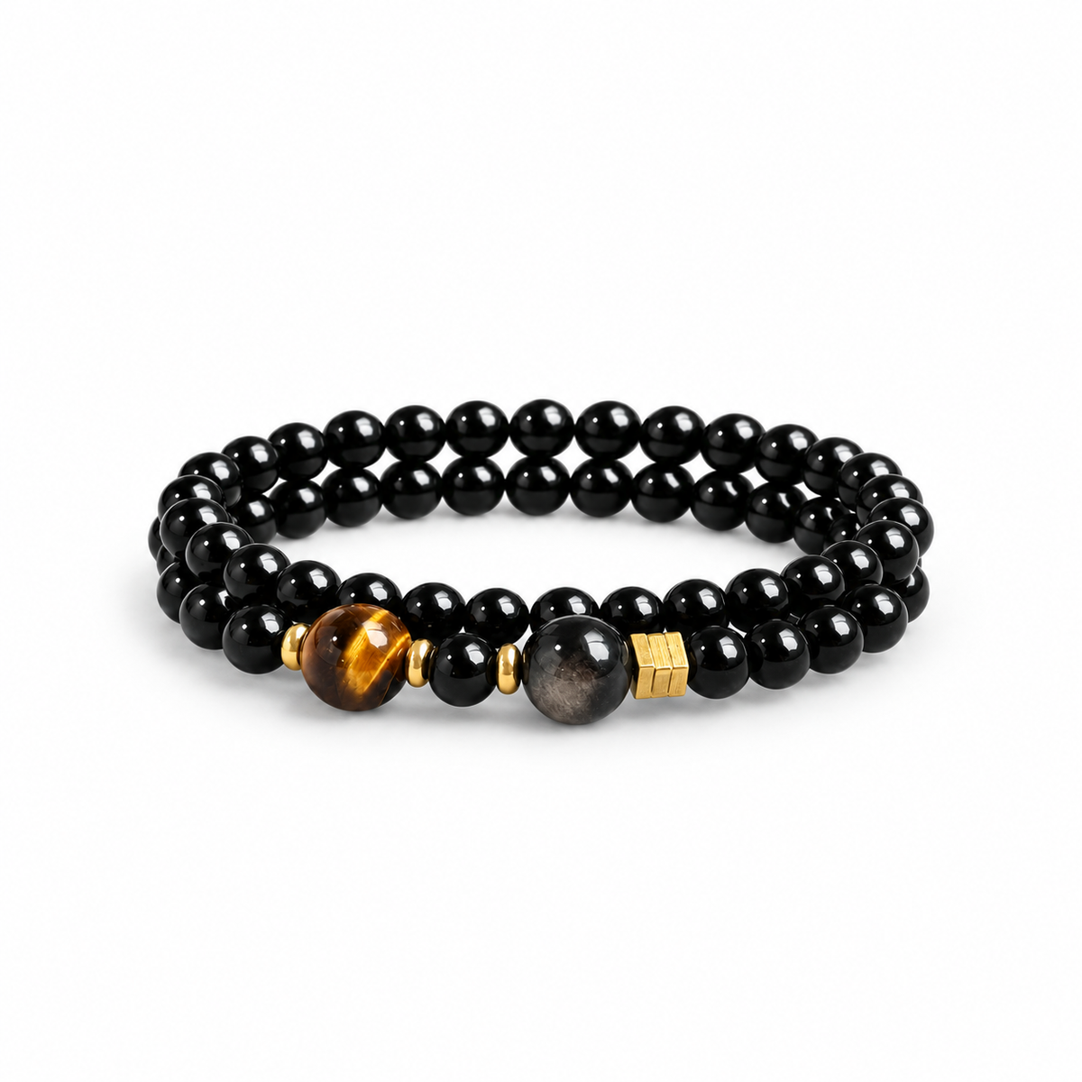 Obsidian and tiger eye double-wrap bracelet on white