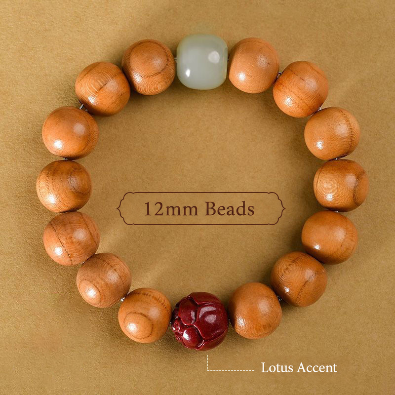 12mm peach wood bracelet with red lotus and pale green accent beads