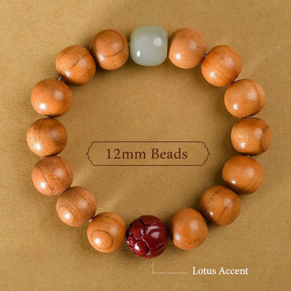 12mm peach wood bracelet with red lotus and pale green accent beads