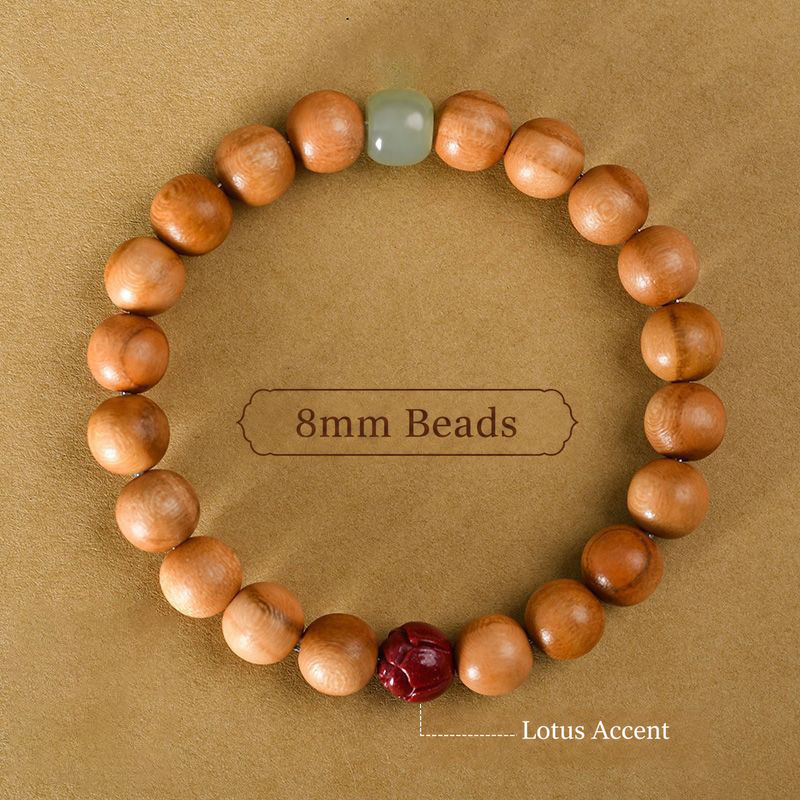 8mm peach wood bracelet with red lotus and pale green accent beads