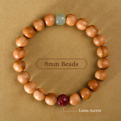 8mm peach wood bracelet with red lotus and pale green accent beads