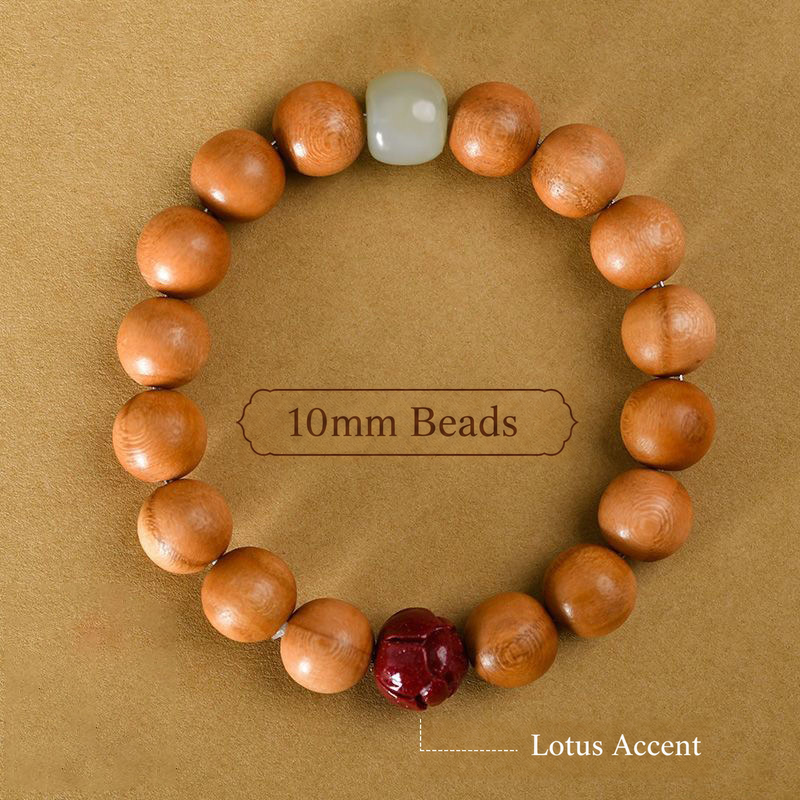 10mm peach wood bracelet with red lotus and pale green accent beads