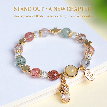 Multicolor quartz Pixiu bracelet showing natural inclusions and charms