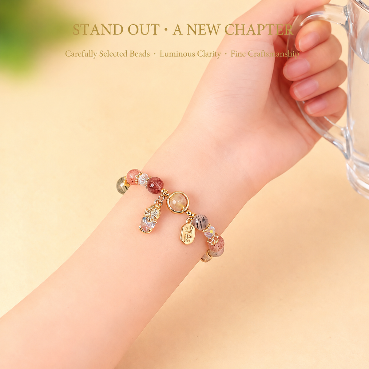 Multicolor quartz Pixiu bracelet worn on wrist – 8mm