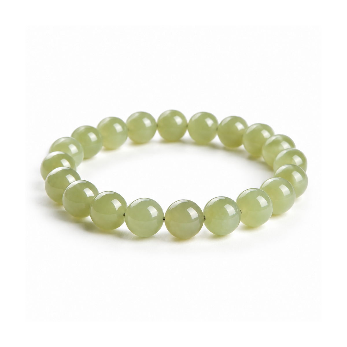 Light green Qingshui Hetian jade bead bracelet on a white background
