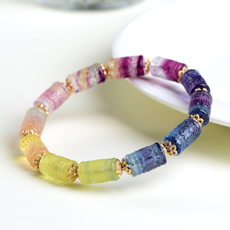 Rainbow fluorite carved barrel bead bracelet – alternate view
