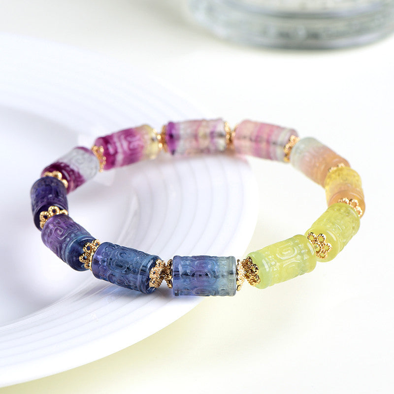 Rainbow fluorite carved barrel bead bracelet – alternate view