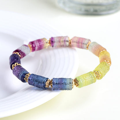 Rainbow fluorite carved barrel bead bracelet – alternate view