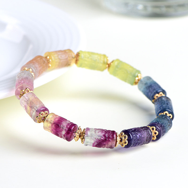Rainbow fluorite carved barrel bead bracelet – alternate view