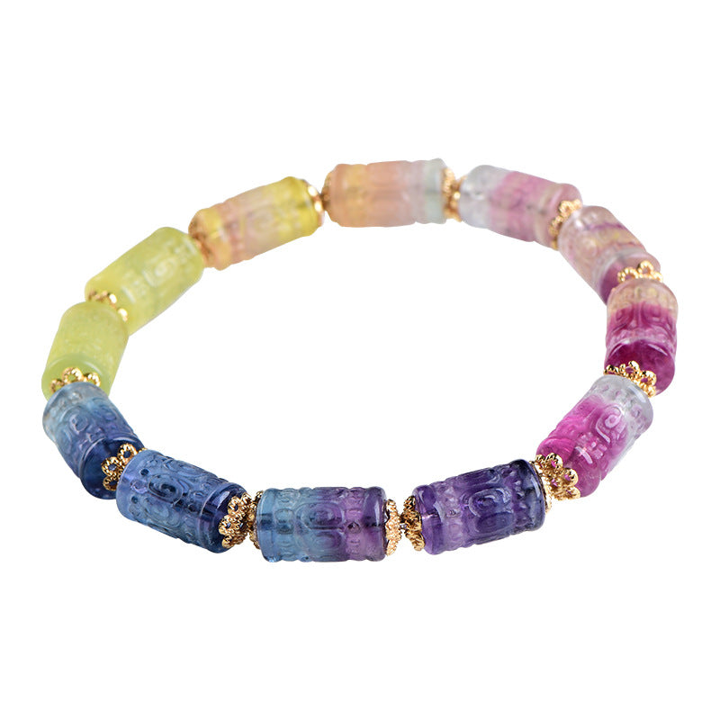 Rainbow fluorite carved barrel bead bracelet – alternate view