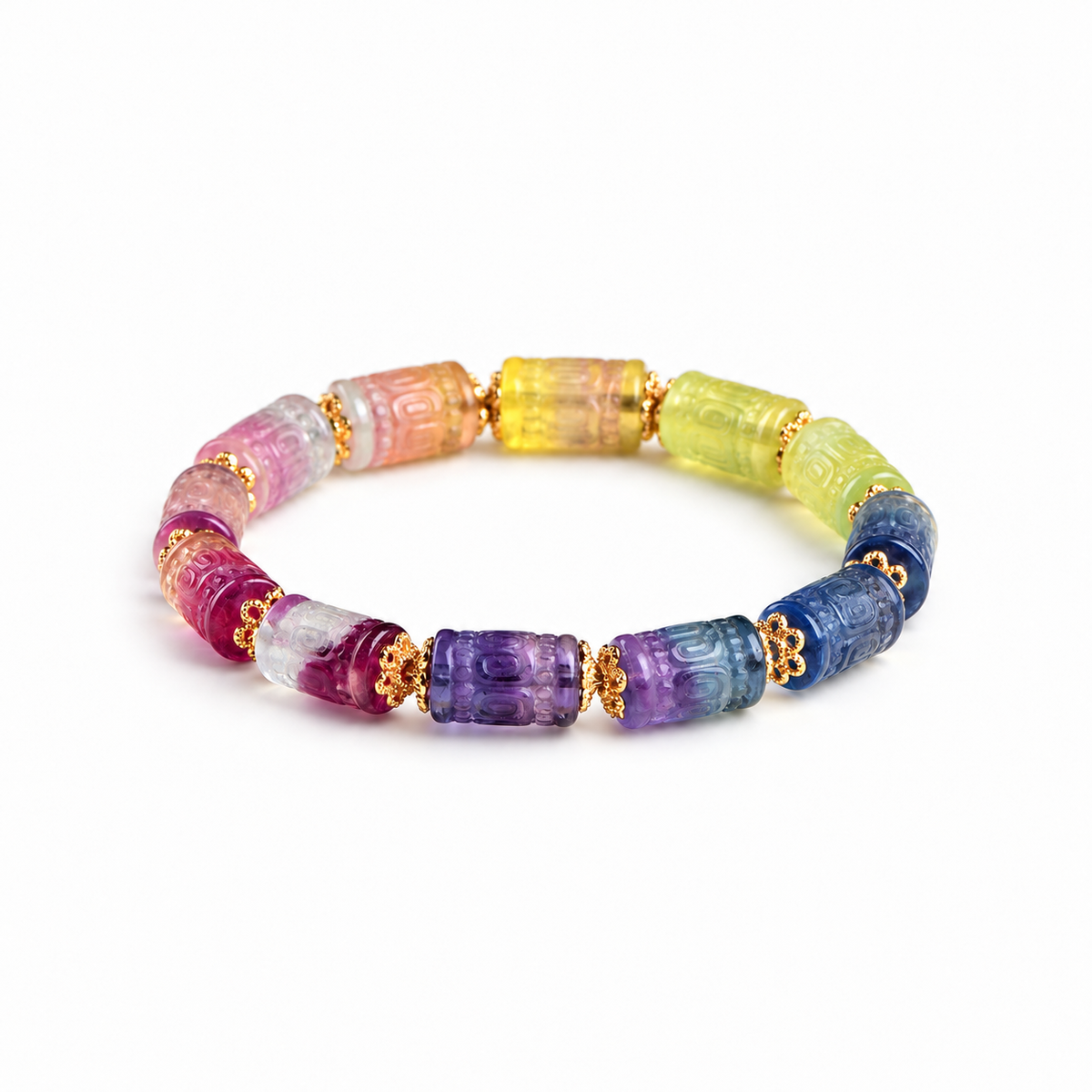 Rainbow fluorite carved barrel bead bracelet – white background
