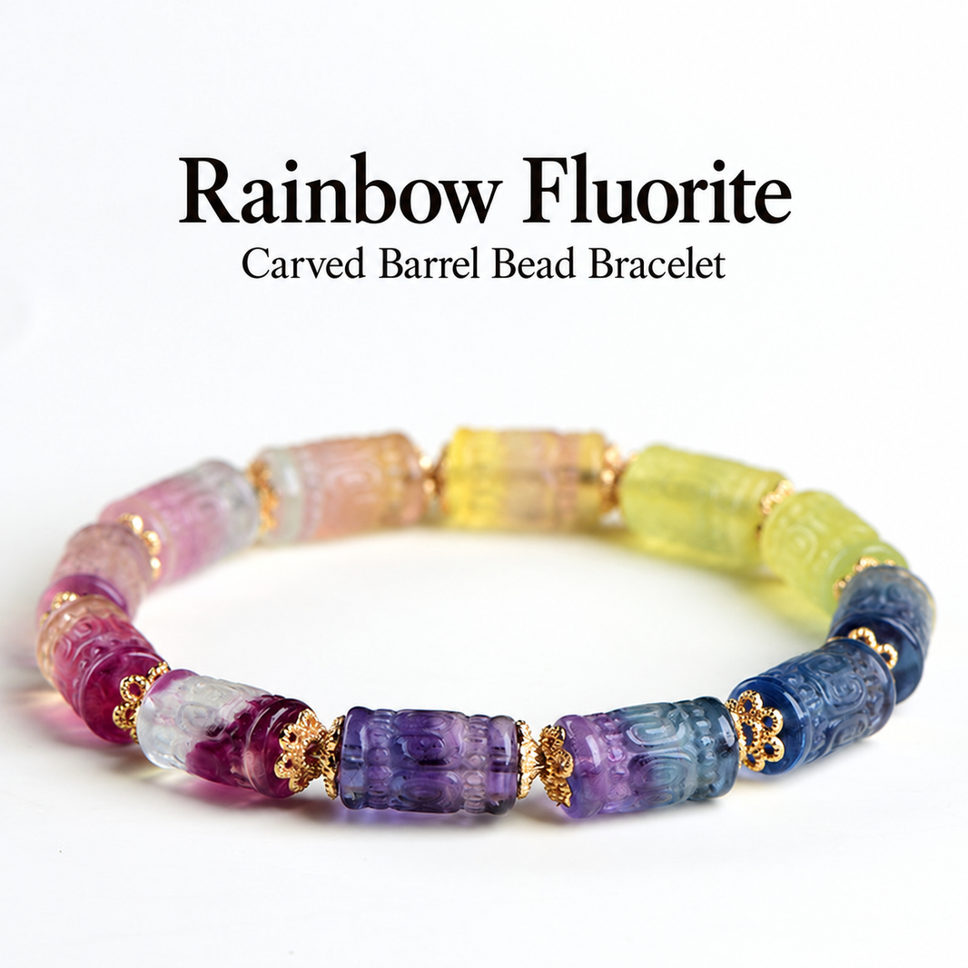 Rainbow fluorite carved barrel bead bracelet – product overview
