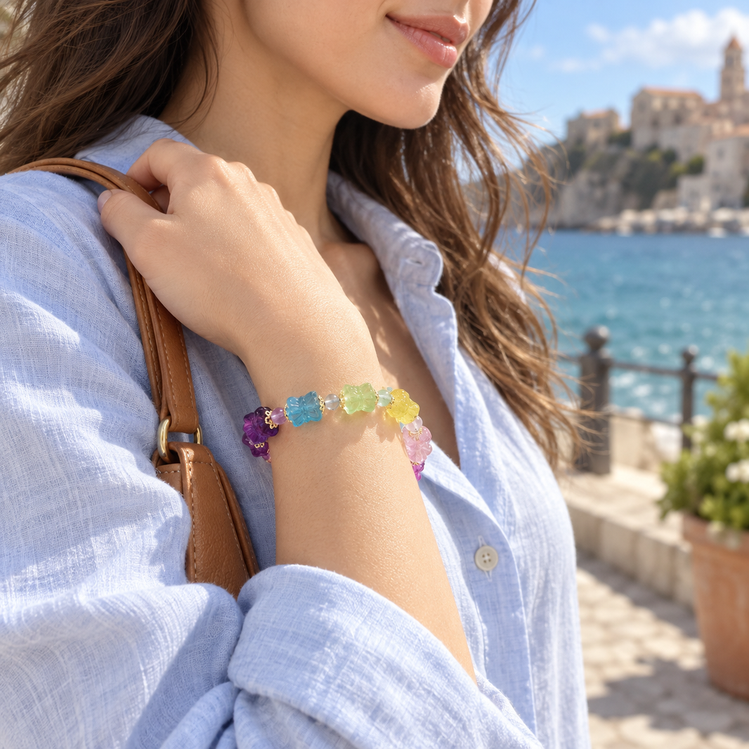 Natural Rainbow Fluorite Lotus Bracelet – women’s coastal wrist view