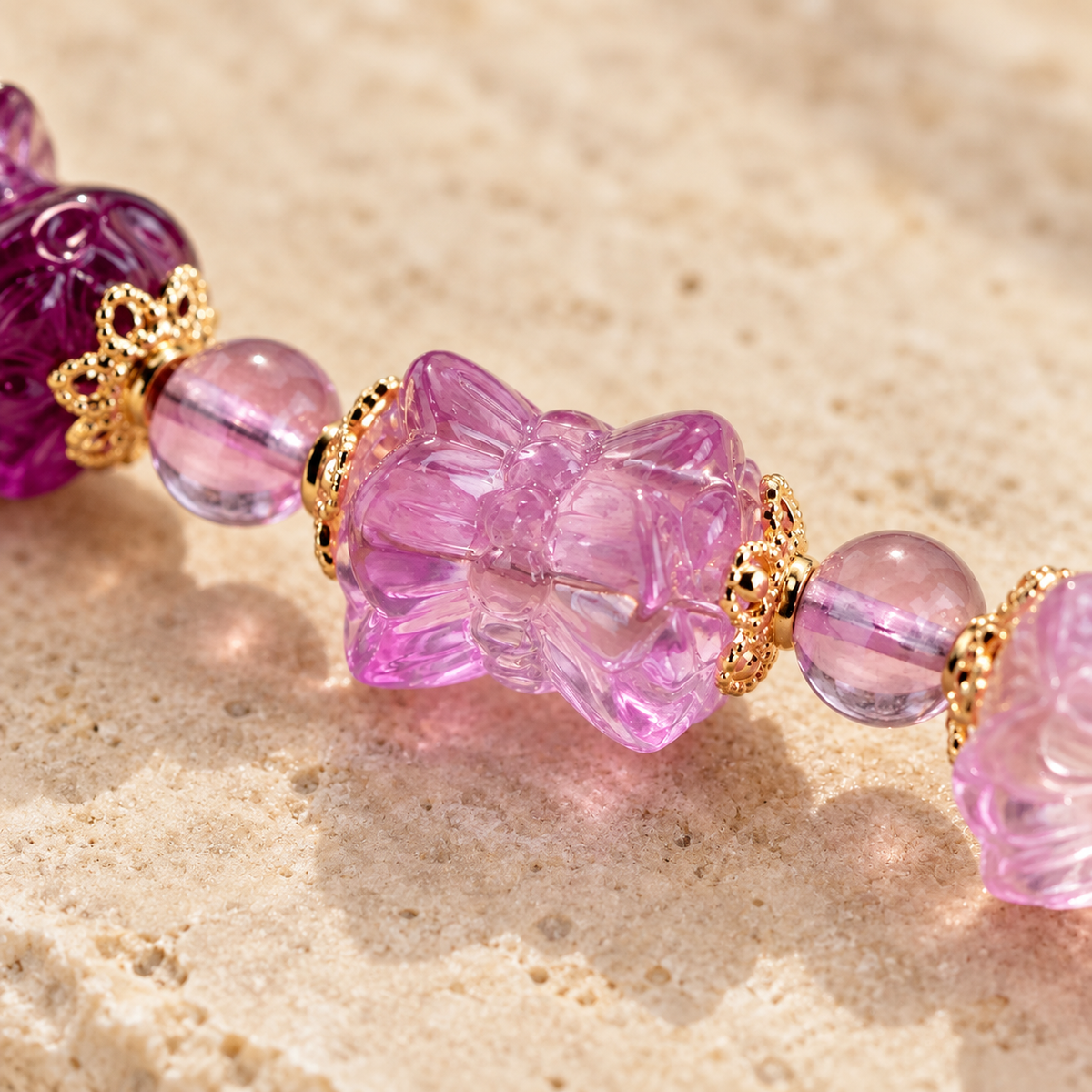 Natural Rainbow Fluorite Lotus Bracelet – carved lotus and gold cap macro detail