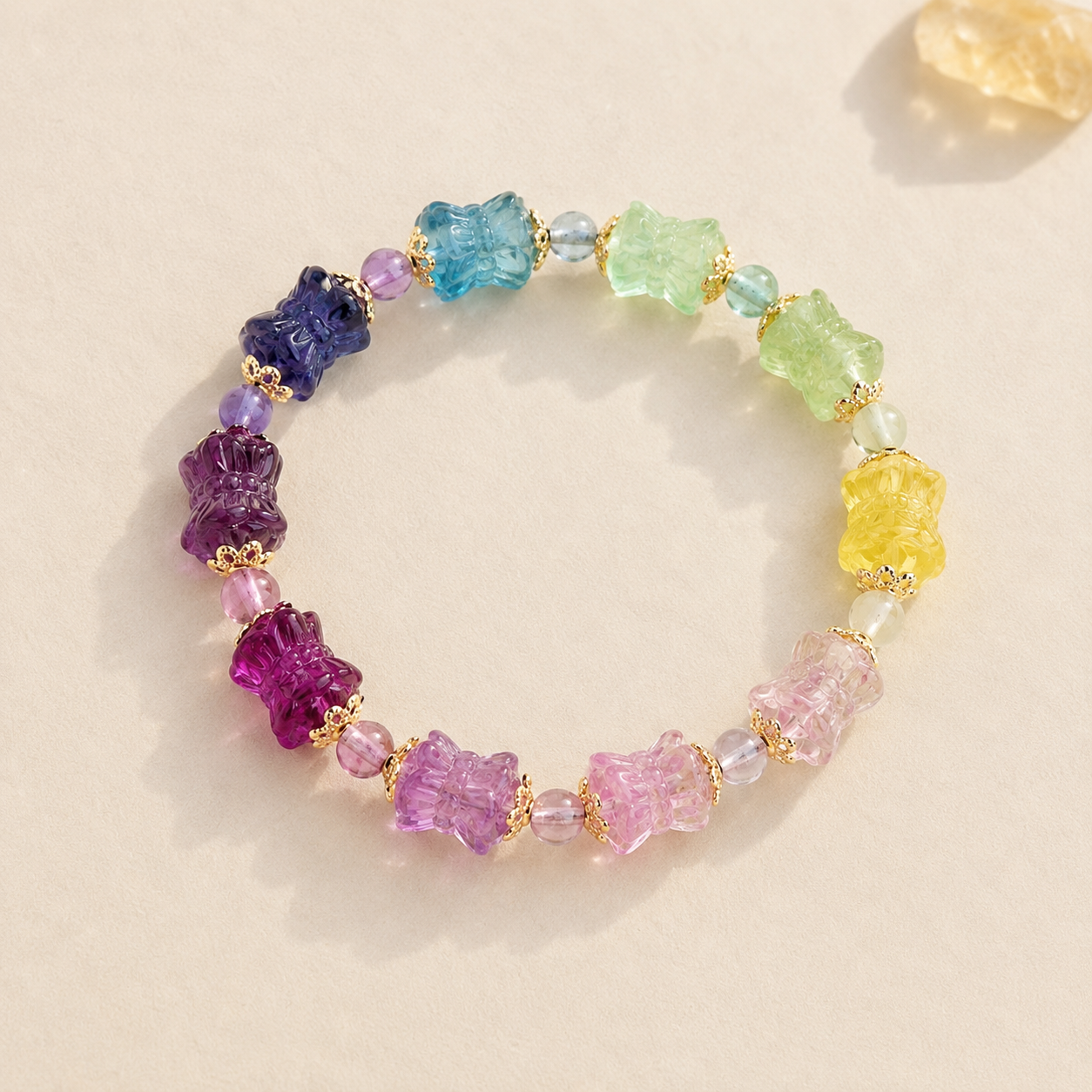 Natural Rainbow Fluorite Lotus Bracelet – centered flatlay product view