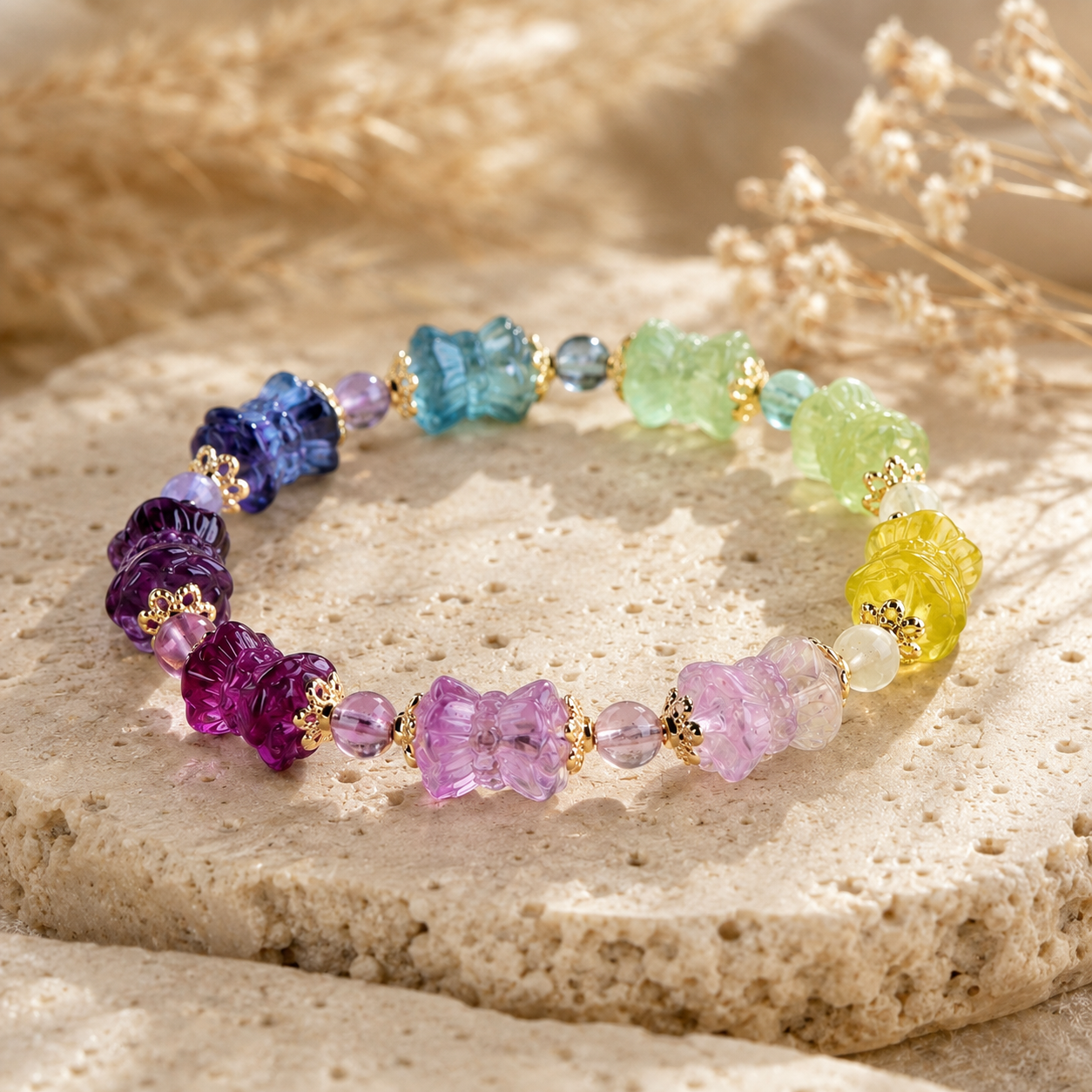 Natural Rainbow Fluorite Lotus Bracelet – travertine and dried-flower still life