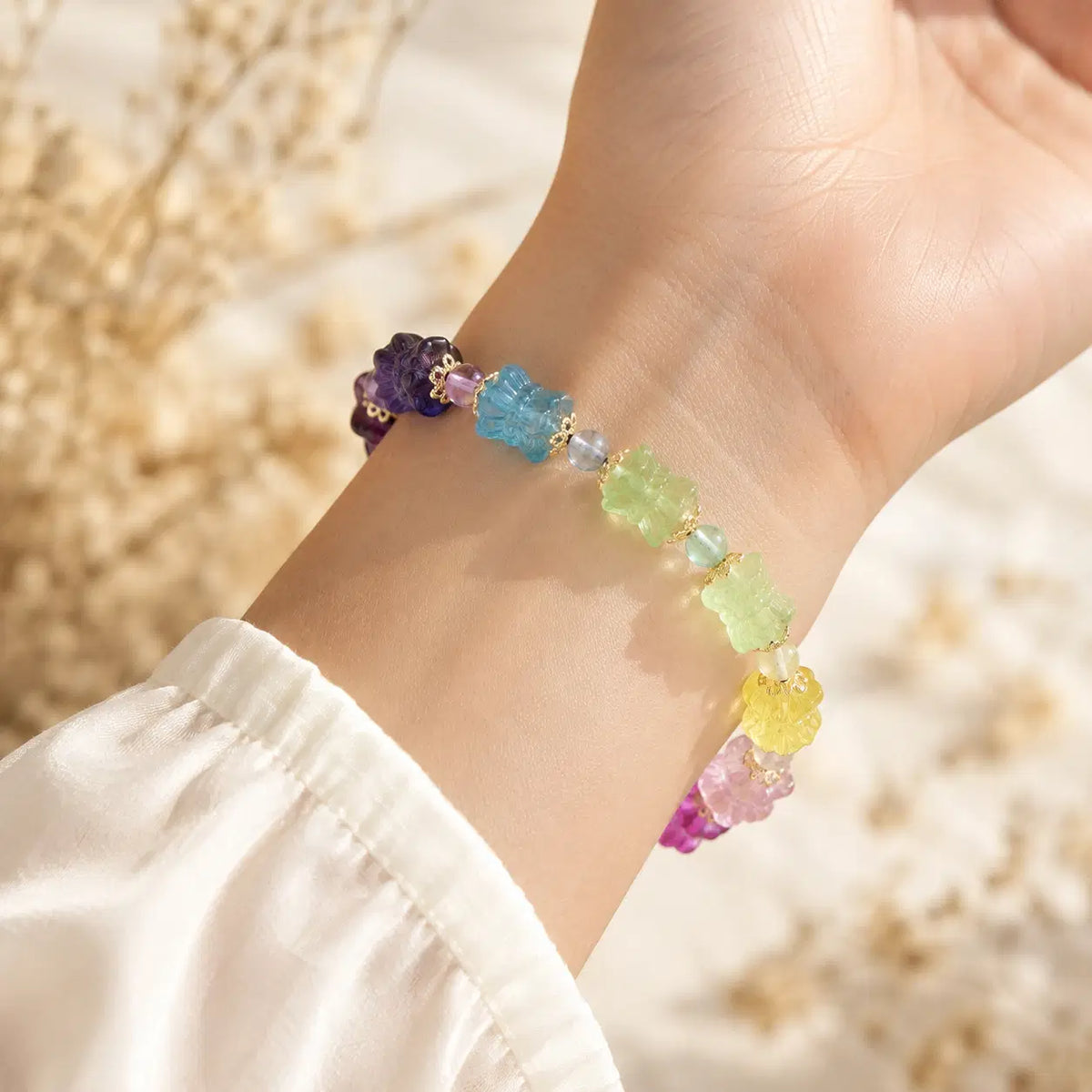 Natural Rainbow Fluorite Lotus Bracelet – realistic on-wrist view