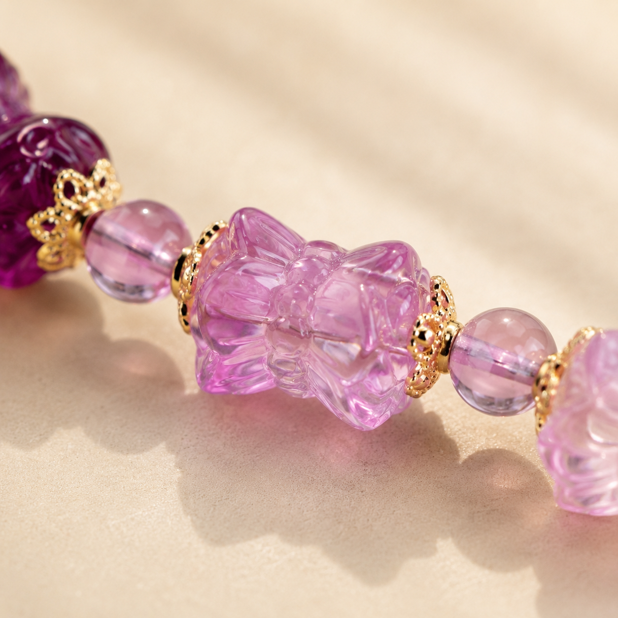 Natural Rainbow Fluorite Lotus Bracelet – bead texture macro detail