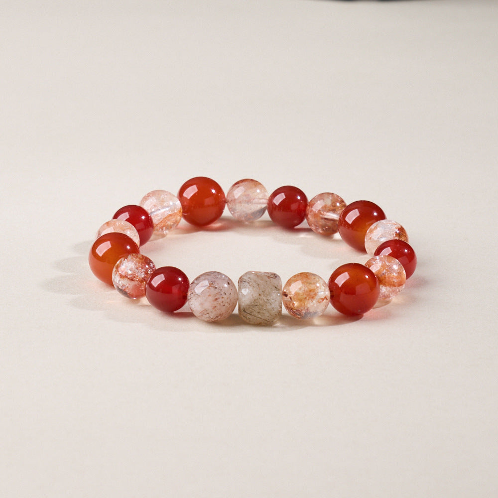 Red agate and quartz bracelet in a low-angle view