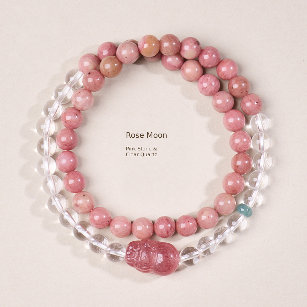 Rose Moon pink stone and clear quartz bracelet original arrangement