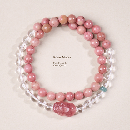 Rose Moon pink stone and clear quartz bracelet original arrangement