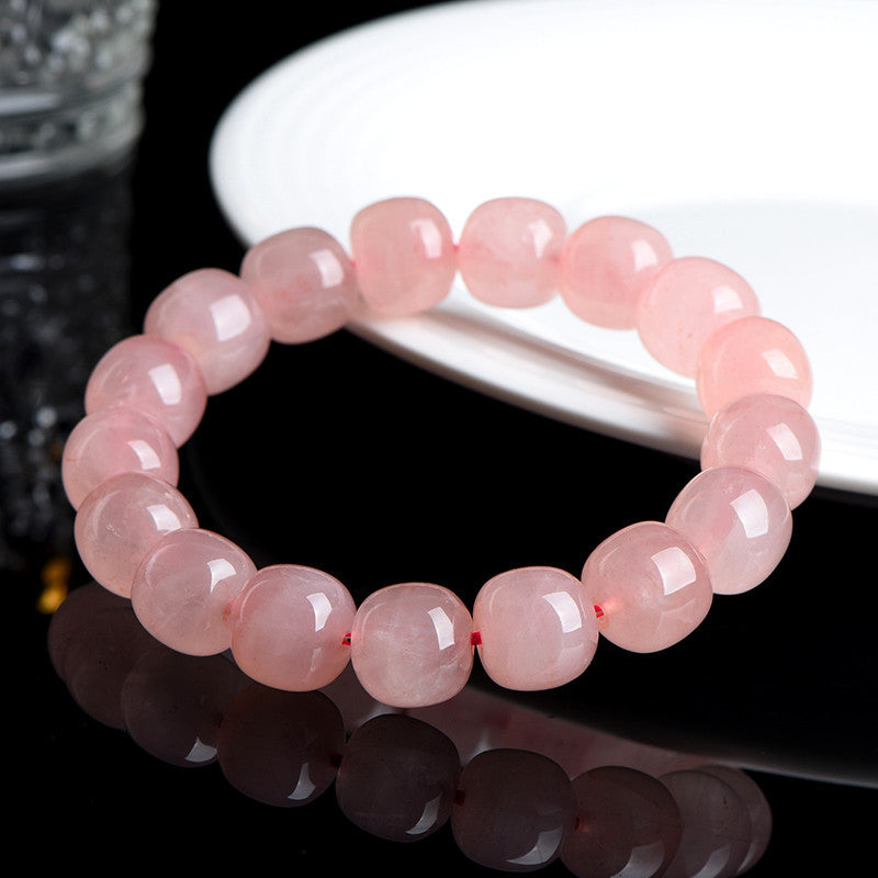 Natural pink rose quartz barrel bead bracelet — detail
