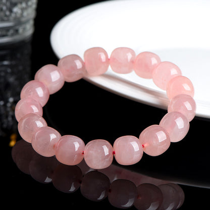 Natural pink rose quartz barrel bead bracelet — detail