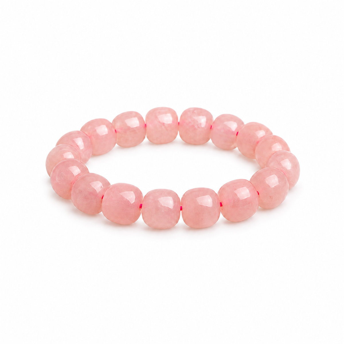 Natural pink rose quartz barrel bead bracelet — hero