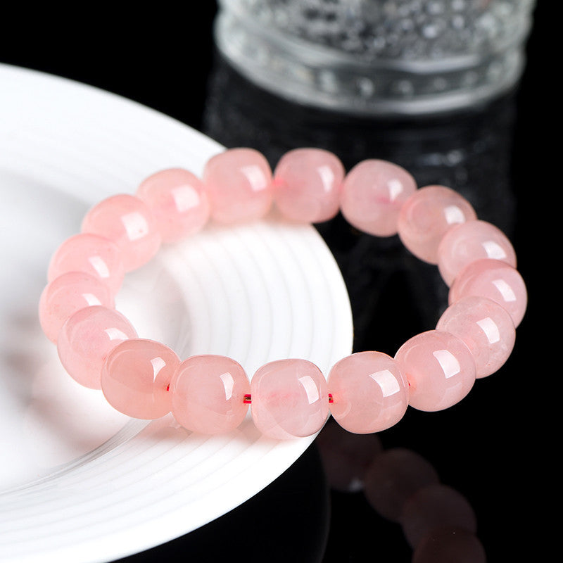 Natural pink rose quartz barrel bead bracelet — plate