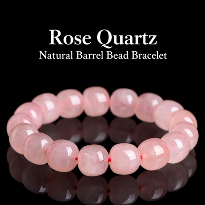 Natural pink rose quartz barrel bead bracelet — translated