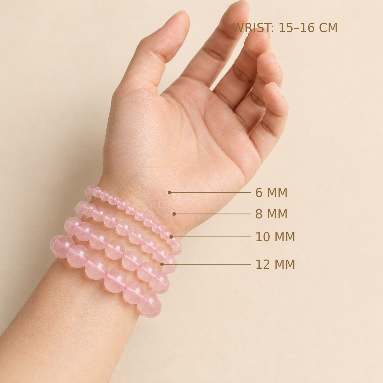 Rose Quartz Pink Cord – bead size comparison on a 15–16 cm wrist
