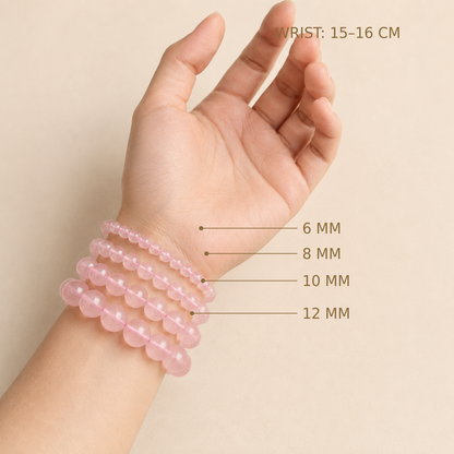 Rose Quartz Pink Cord – bead size comparison on a 15–16 cm wrist