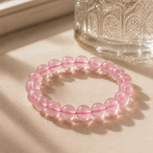 Natural Rose Quartz Bracelet – Pink Cord – diagonal glass-bottle still life