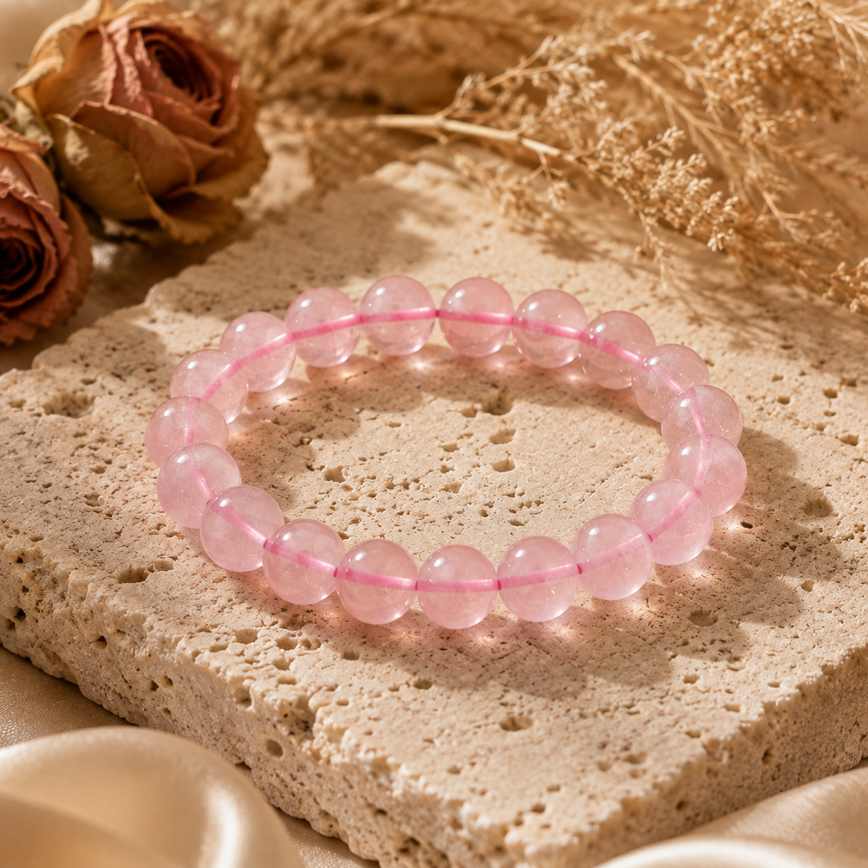 Natural Rose Quartz Bracelet – Pink Cord – travertine and dried-flower still life
