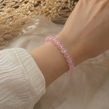 Natural Rose Quartz Bracelet – Pink Cord – realistic on-wrist view