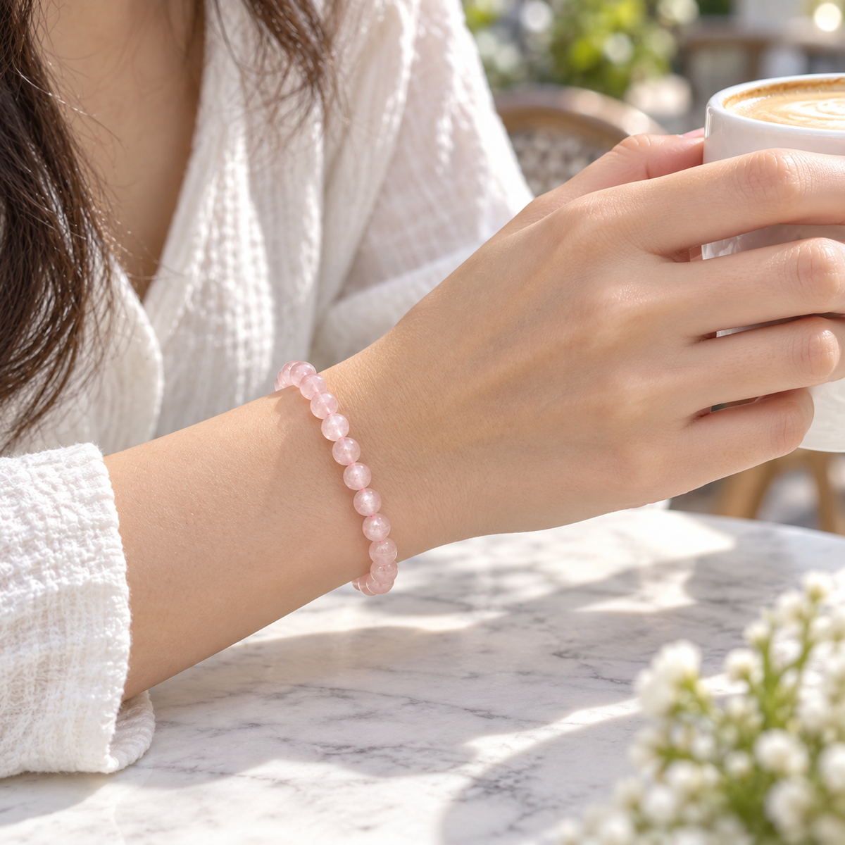 Natural Rose Quartz Bracelet – café wrist view