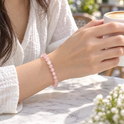 Natural Rose Quartz Bracelet – café wrist view