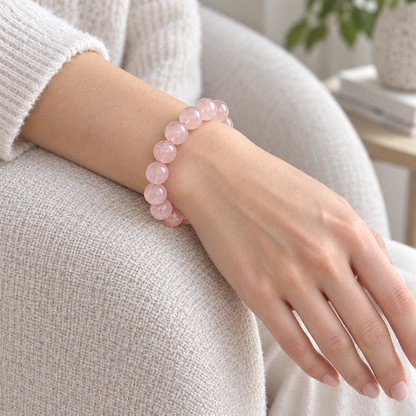Natural Rose Quartz Bracelet – soft light wrist view