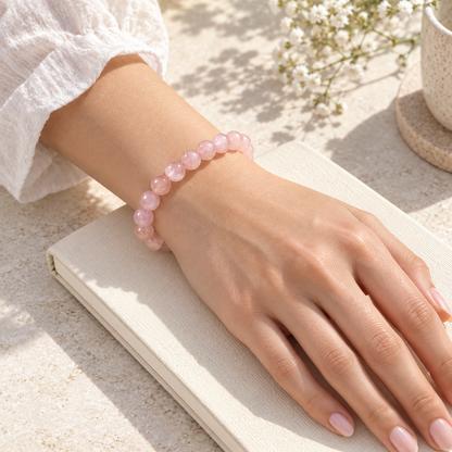 Natural Rose Quartz Bracelet – sunlit wrist view