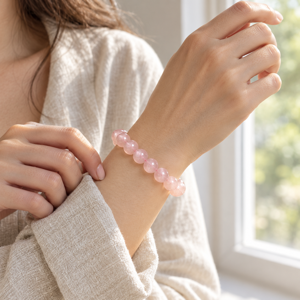 Natural Rose Quartz Bracelet – window lifestyle wrist view
