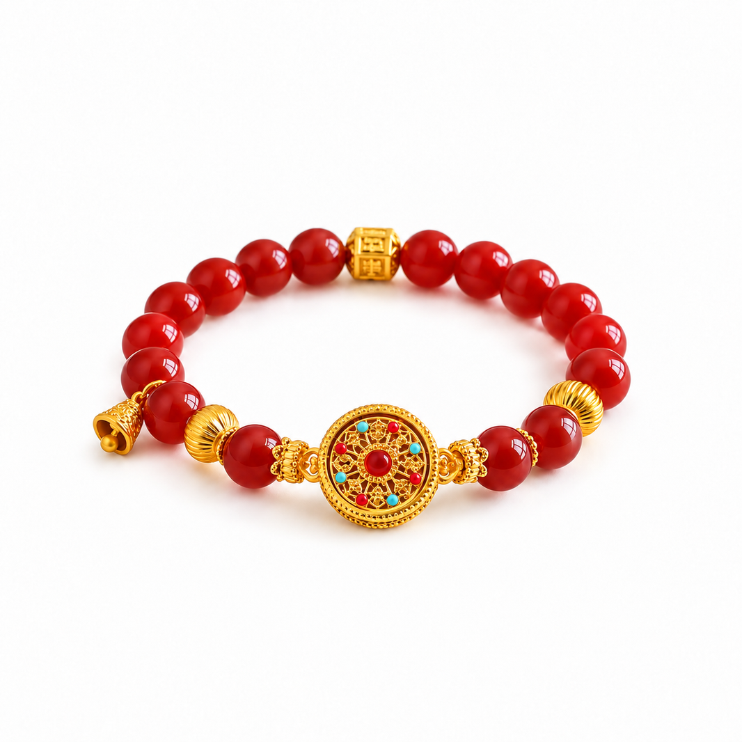 Rotating compass bead bracelet – Nanhong agate on white background