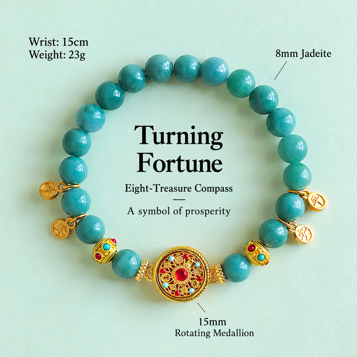 Rotating compass bead bracelet – jadeite 8mm specifications
