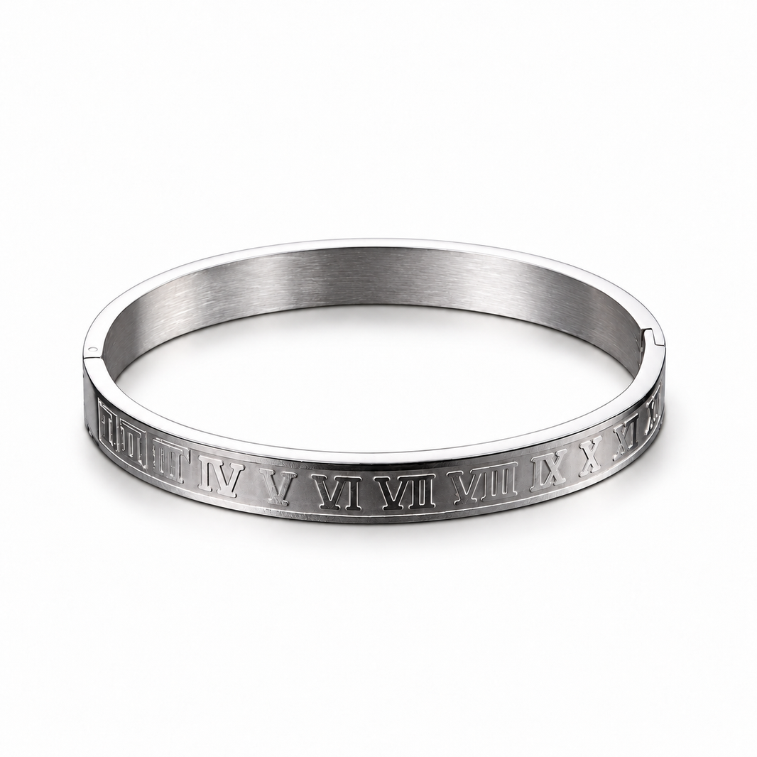 Roman Numeral Stainless Steel Bangle on white