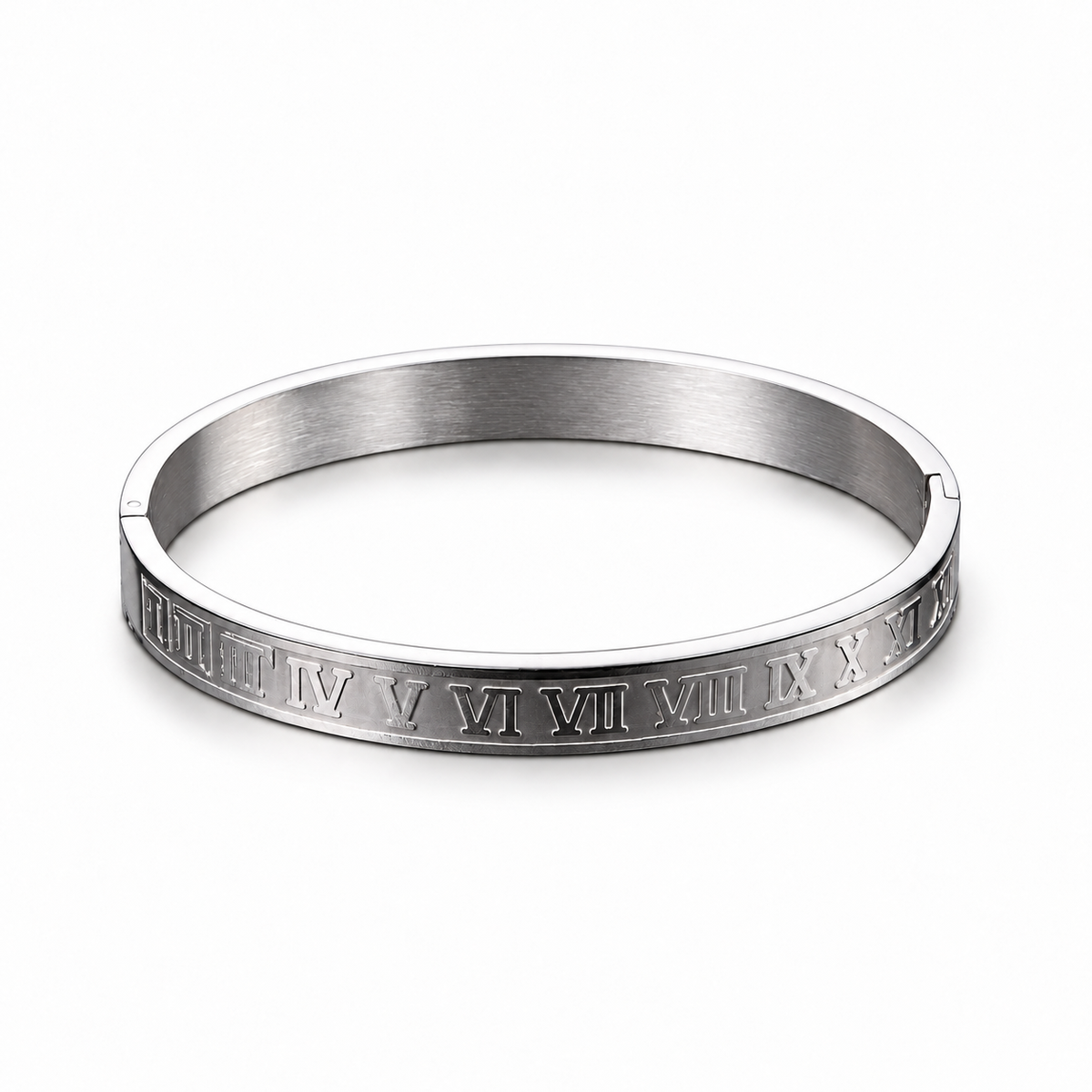 Roman Numeral Stainless Steel Bangle on white