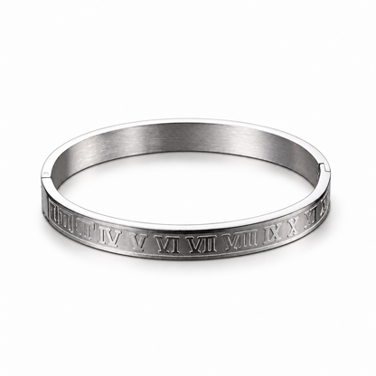 Roman Numeral Stainless Steel Bangle on white