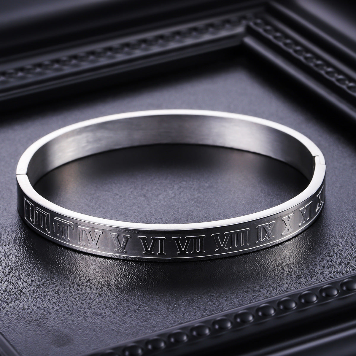 Original detail of roman numeral stainless steel bangle